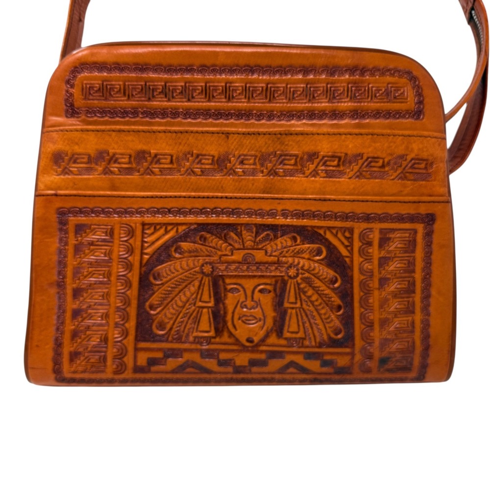 Vintage Mexican Hand Tooled Leather Shoulder Bag Aztec Mayan Warrior Sun Purse - Picture 6 of 13